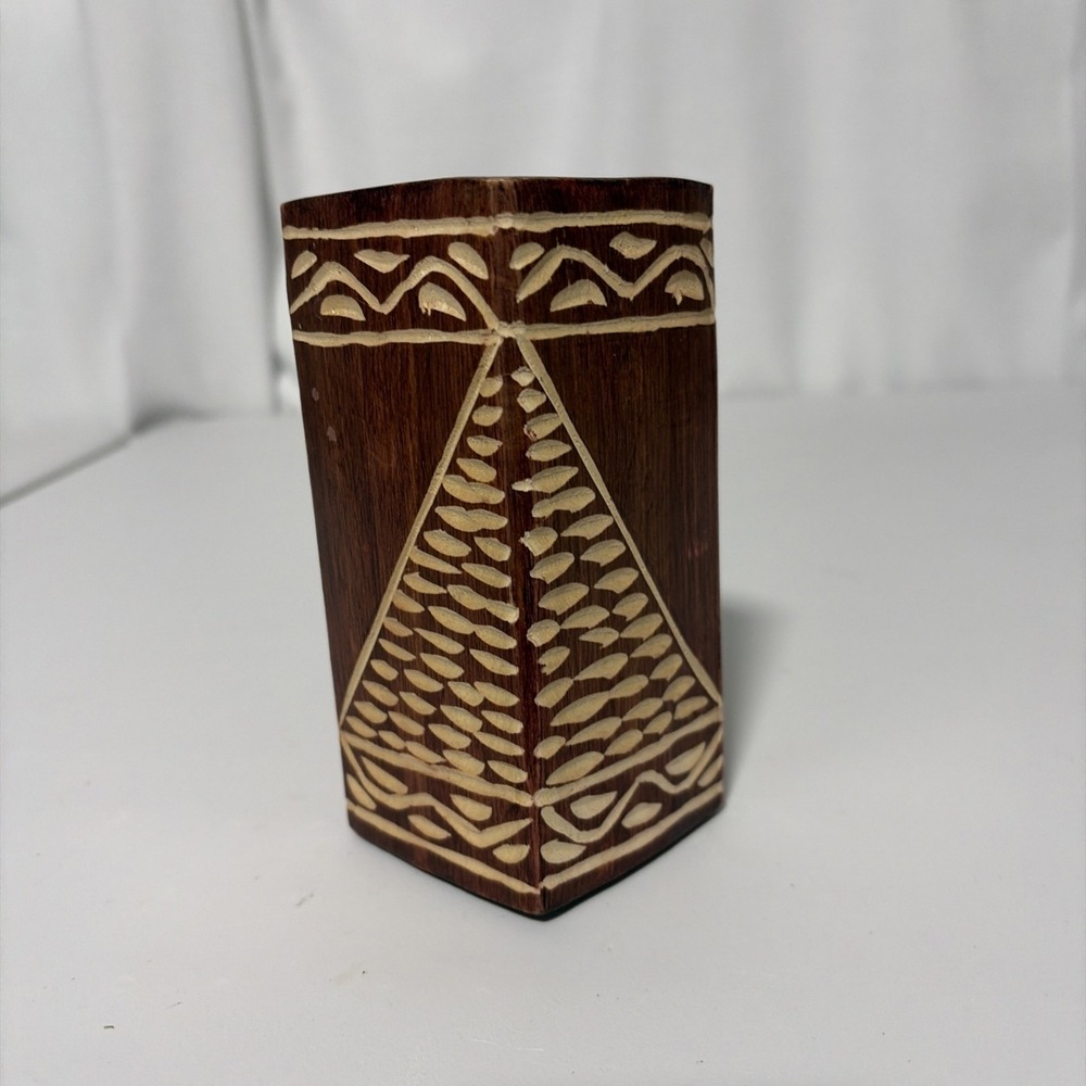 Hand Crafted Wood Pen Pencil Desk Top Holder Carved Geometric Design